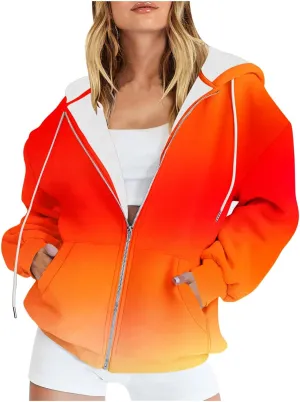 Bidobibo Zip Up Hoodie Women Gradient Color Pattern Zipper Hooded Plus Size Jacket Oversized Tunic Sweatshirt for Women