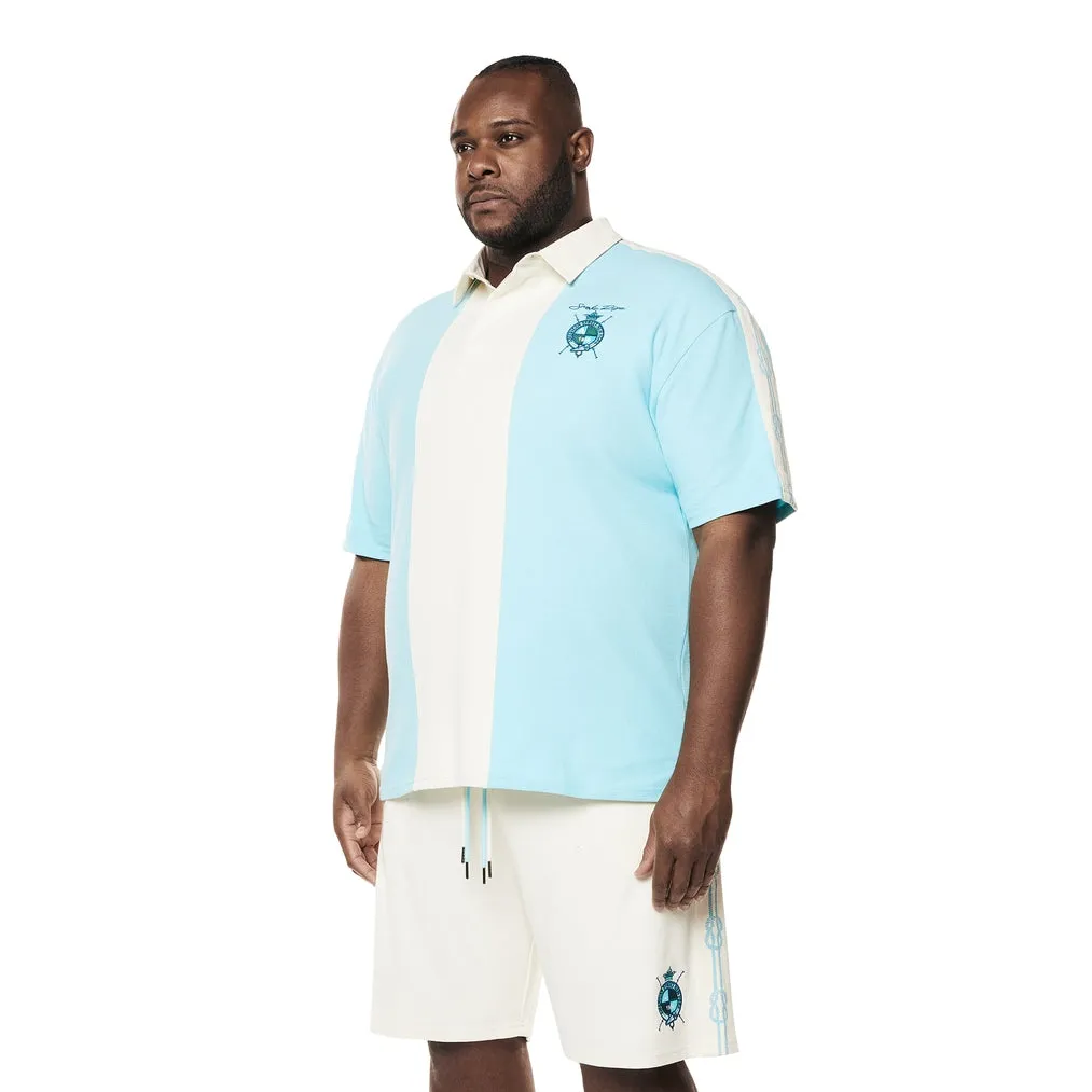 Big and Tall - Crest Embroidered Striped Waffle Rugby Shirt - Paradise Blue