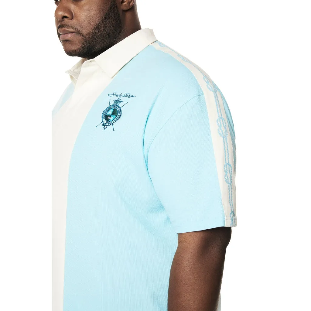 Big and Tall - Crest Embroidered Striped Waffle Rugby Shirt - Paradise Blue