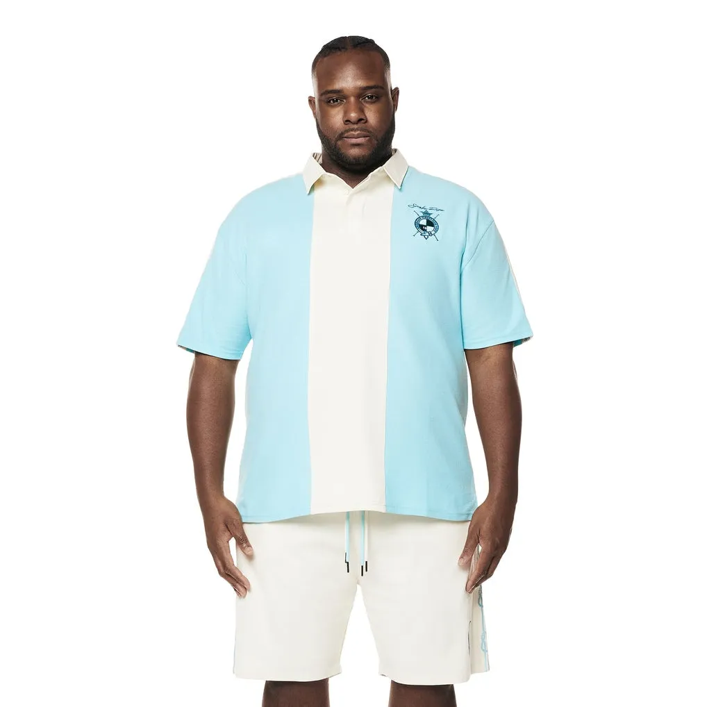 Big and Tall - Crest Embroidered Striped Waffle Rugby Shirt - Paradise Blue
