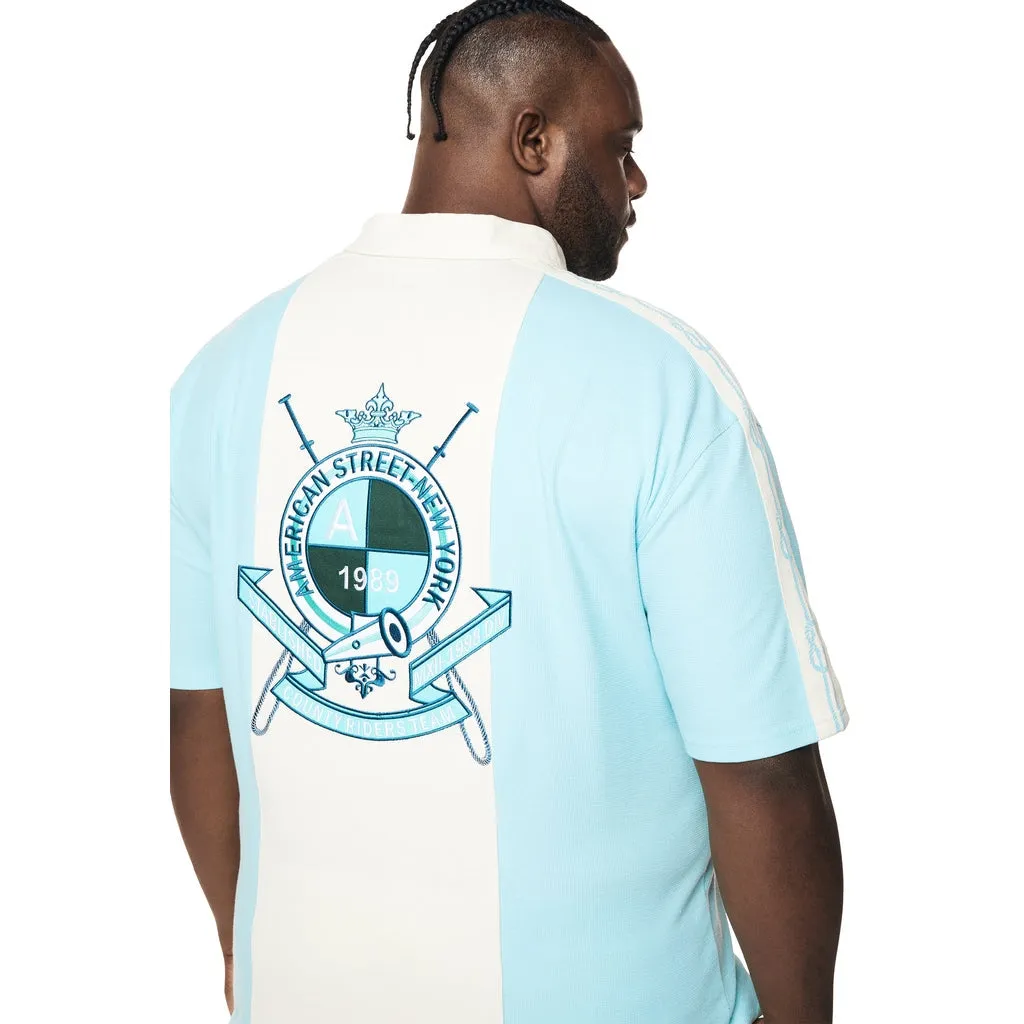 Big and Tall - Crest Embroidered Striped Waffle Rugby Shirt - Paradise Blue