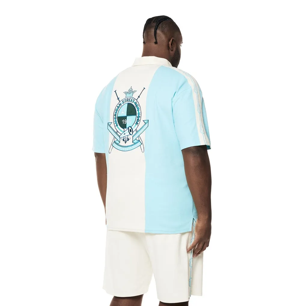 Big and Tall - Crest Embroidered Striped Waffle Rugby Shirt - Paradise Blue