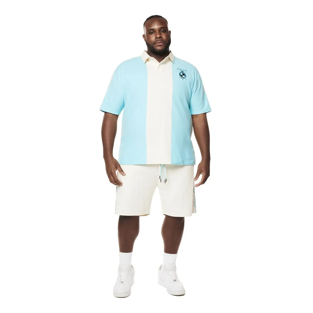 Big and Tall - Crest Embroidered Striped Waffle Rugby Shirt - Paradise Blue