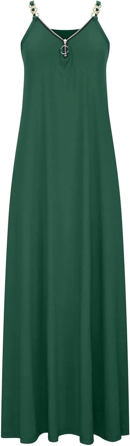 Binmer Summer Sun Dresses for Women 2024 Casual Boho Solid Color Ring Straps Zipper V Neck Beach Long Maxi Dress with Pockets