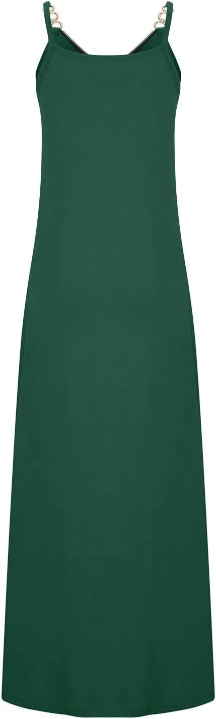 Binmer Summer Sun Dresses for Women 2024 Casual Boho Solid Color Ring Straps Zipper V Neck Beach Long Maxi Dress with Pockets