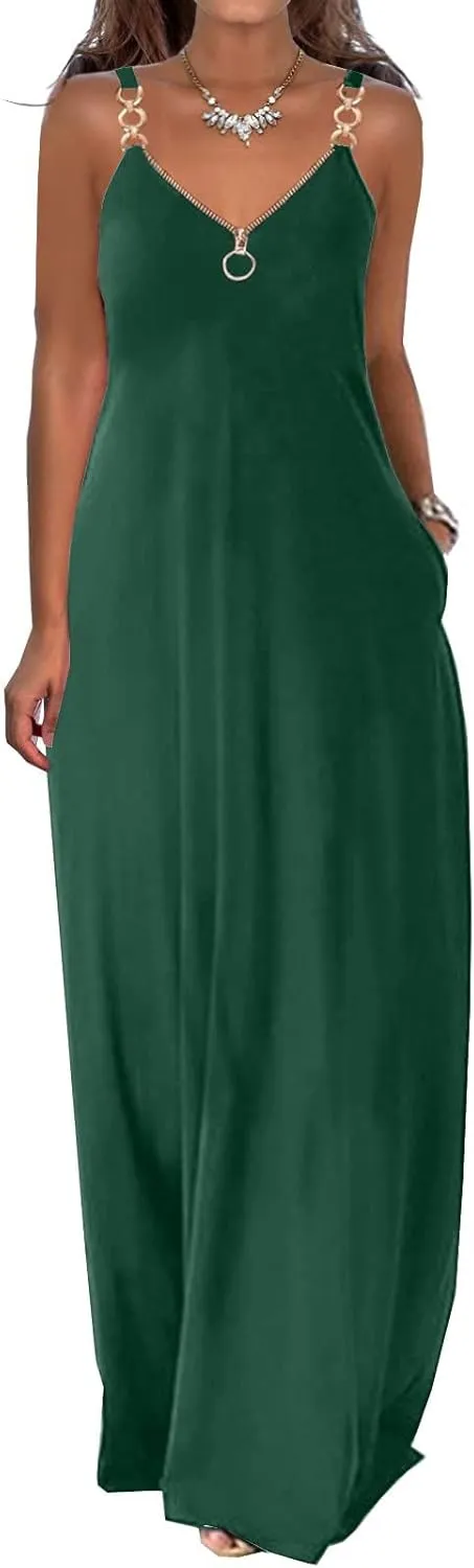 Binmer Summer Sun Dresses for Women 2024 Casual Boho Solid Color Ring Straps Zipper V Neck Beach Long Maxi Dress with Pockets