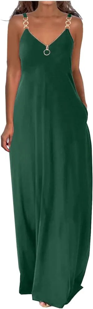 Binmer Summer Sun Dresses for Women 2024 Casual Boho Solid Color Ring Straps Zipper V Neck Beach Long Maxi Dress with Pockets