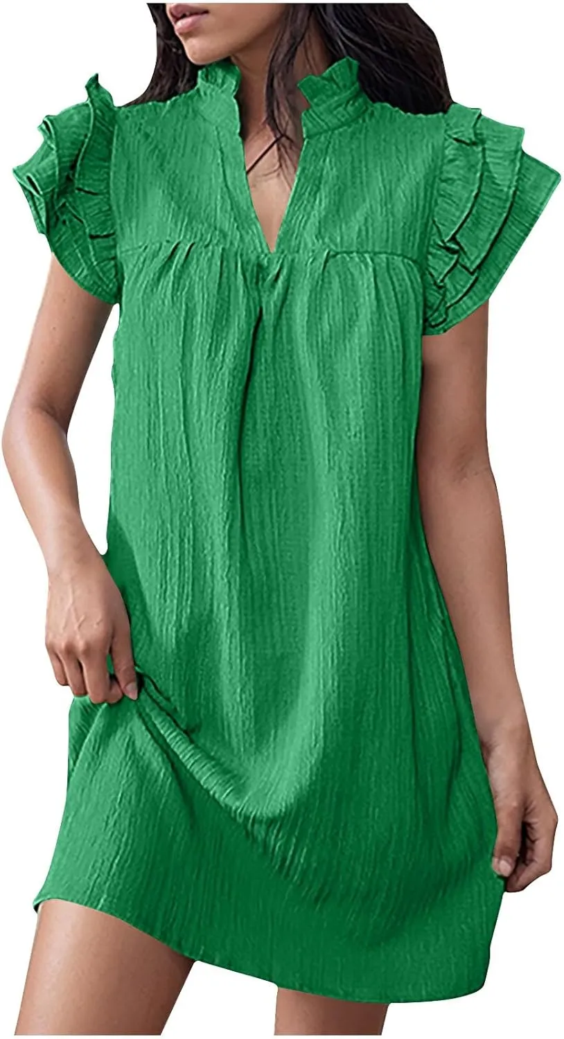Binmer Women's 2024 Summer Mini Dress Texture Casual Ruffle Sleeve V Neck Loose Tunic Dress Loose Fit Solid Beach Sundresses