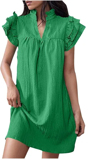 Binmer Women's 2024 Summer Mini Dress Texture Casual Ruffle Sleeve V Neck Loose Tunic Dress Loose Fit Solid Beach Sundresses