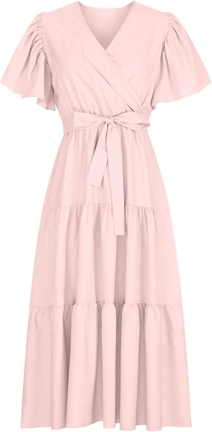 Binmer WomenS Summer Maxi Dresses Wrap V Neck Ruffle Short Sleeve Beach Dress Casual Flowy Tiered Vacation Sundress W/Pocket