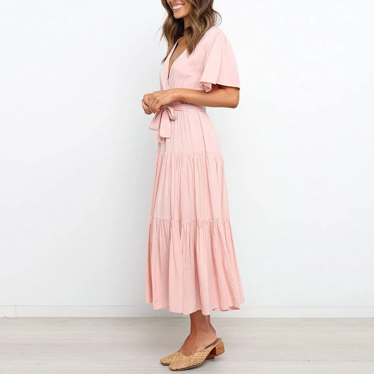 Binmer WomenS Summer Maxi Dresses Wrap V Neck Ruffle Short Sleeve Beach Dress Casual Flowy Tiered Vacation Sundress W/Pocket