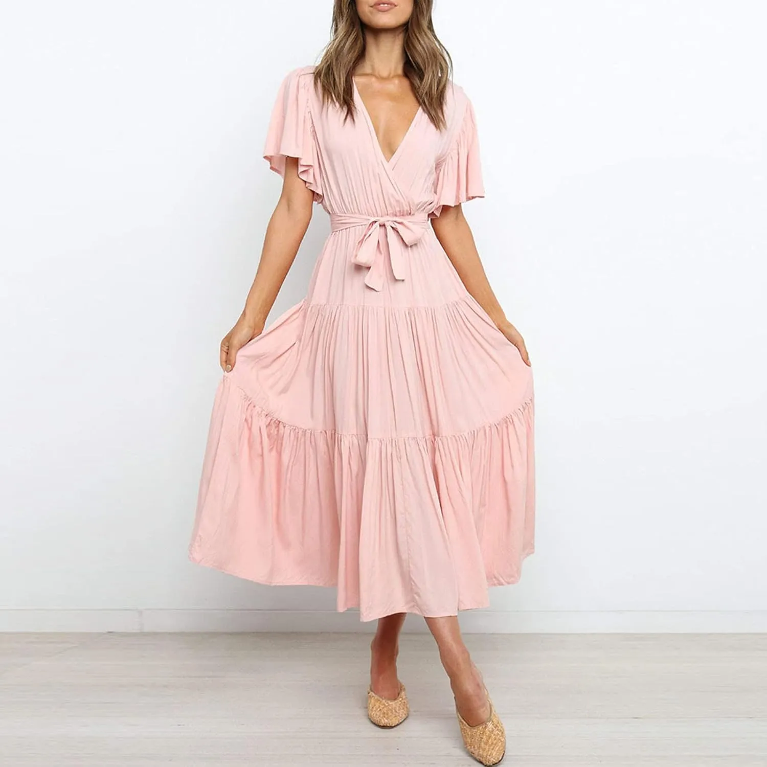Binmer WomenS Summer Maxi Dresses Wrap V Neck Ruffle Short Sleeve Beach Dress Casual Flowy Tiered Vacation Sundress W/Pocket