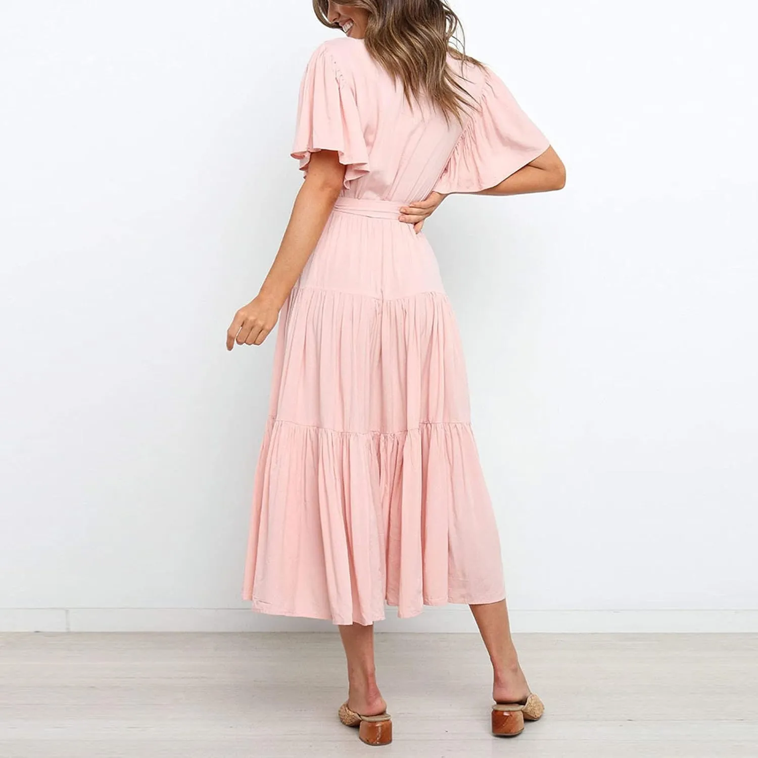Binmer WomenS Summer Maxi Dresses Wrap V Neck Ruffle Short Sleeve Beach Dress Casual Flowy Tiered Vacation Sundress W/Pocket