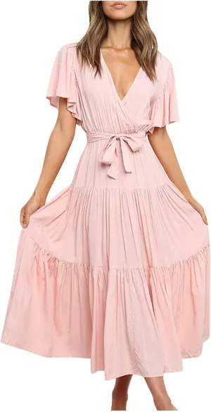 Binmer WomenS Summer Maxi Dresses Wrap V Neck Ruffle Short Sleeve Beach Dress Casual Flowy Tiered Vacation Sundress W/Pocket