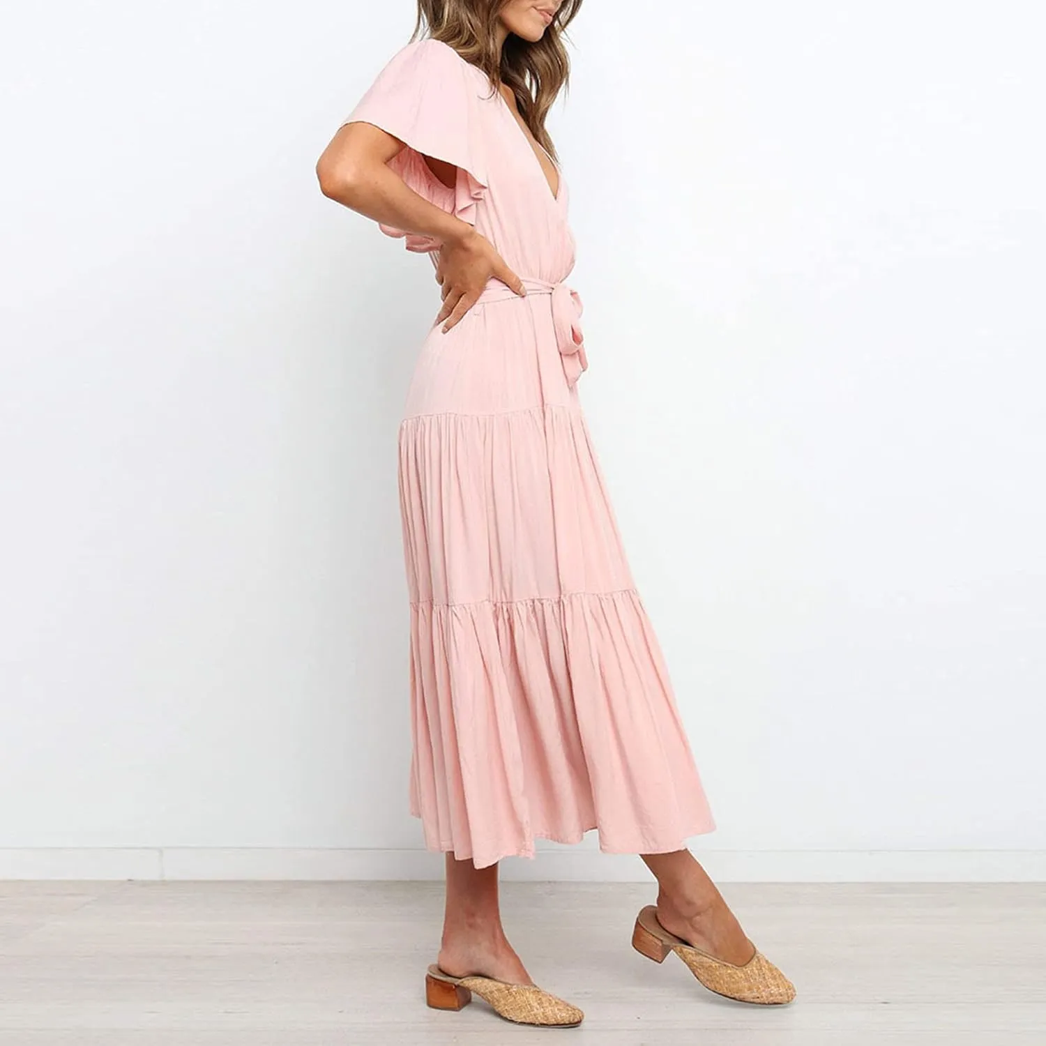 Binmer WomenS Summer Maxi Dresses Wrap V Neck Ruffle Short Sleeve Beach Dress Casual Flowy Tiered Vacation Sundress W/Pocket