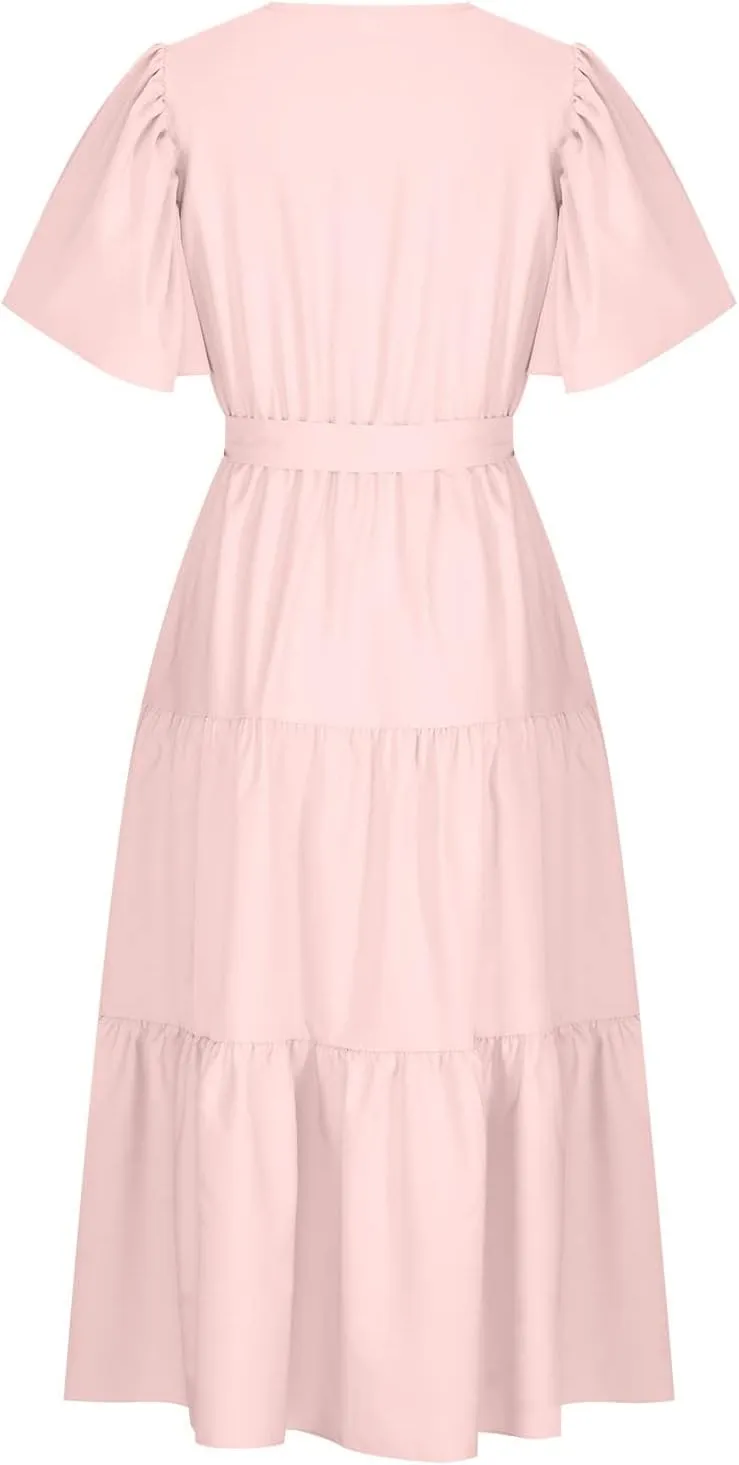 Binmer WomenS Summer Maxi Dresses Wrap V Neck Ruffle Short Sleeve Beach Dress Casual Flowy Tiered Vacation Sundress W/Pocket