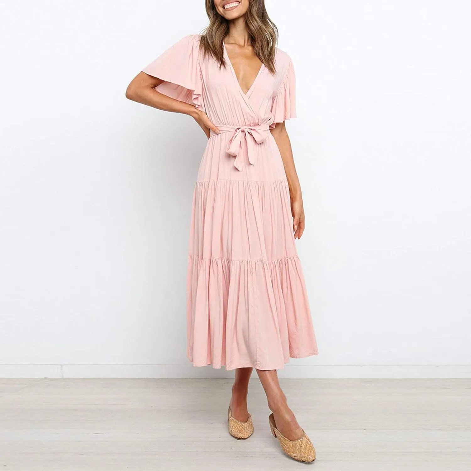 Binmer WomenS Summer Maxi Dresses Wrap V Neck Ruffle Short Sleeve Beach Dress Casual Flowy Tiered Vacation Sundress W/Pocket