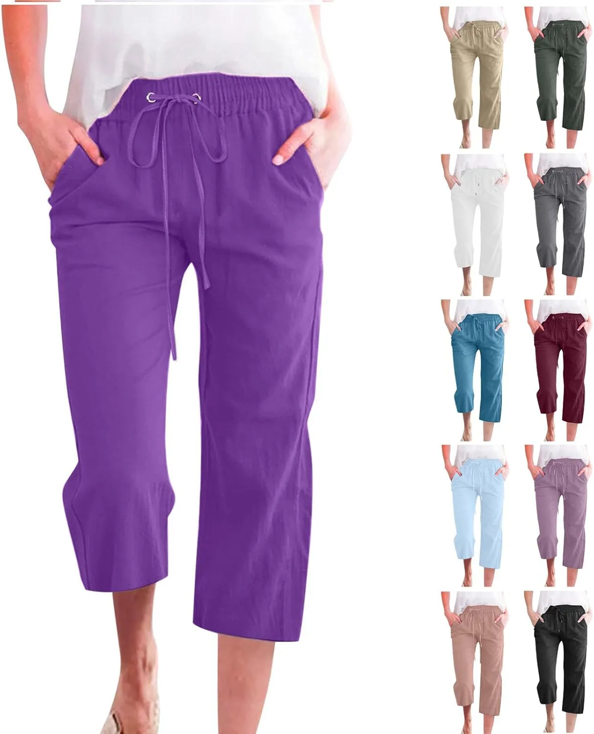 Buy Again Orders My Past Orders,Capri Pants for Women Casual Summer Cotton Linen Capris Drawstring Elastic High Waist Pants Wide Leg Cropped Trouser