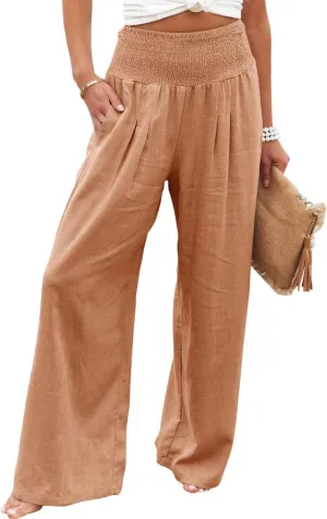 Canbebig Women's Cotton Linen Pants Elastic High Waist Loose Wide Leg Lounge Yoga Pants Tunic Waist Trousers with Pockets