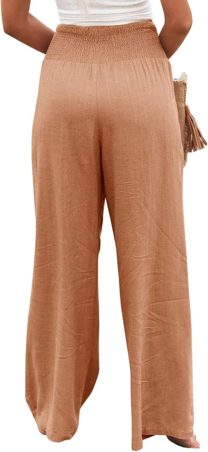 Canbebig Women's Cotton Linen Pants Elastic High Waist Loose Wide Leg Lounge Yoga Pants Tunic Waist Trousers with Pockets