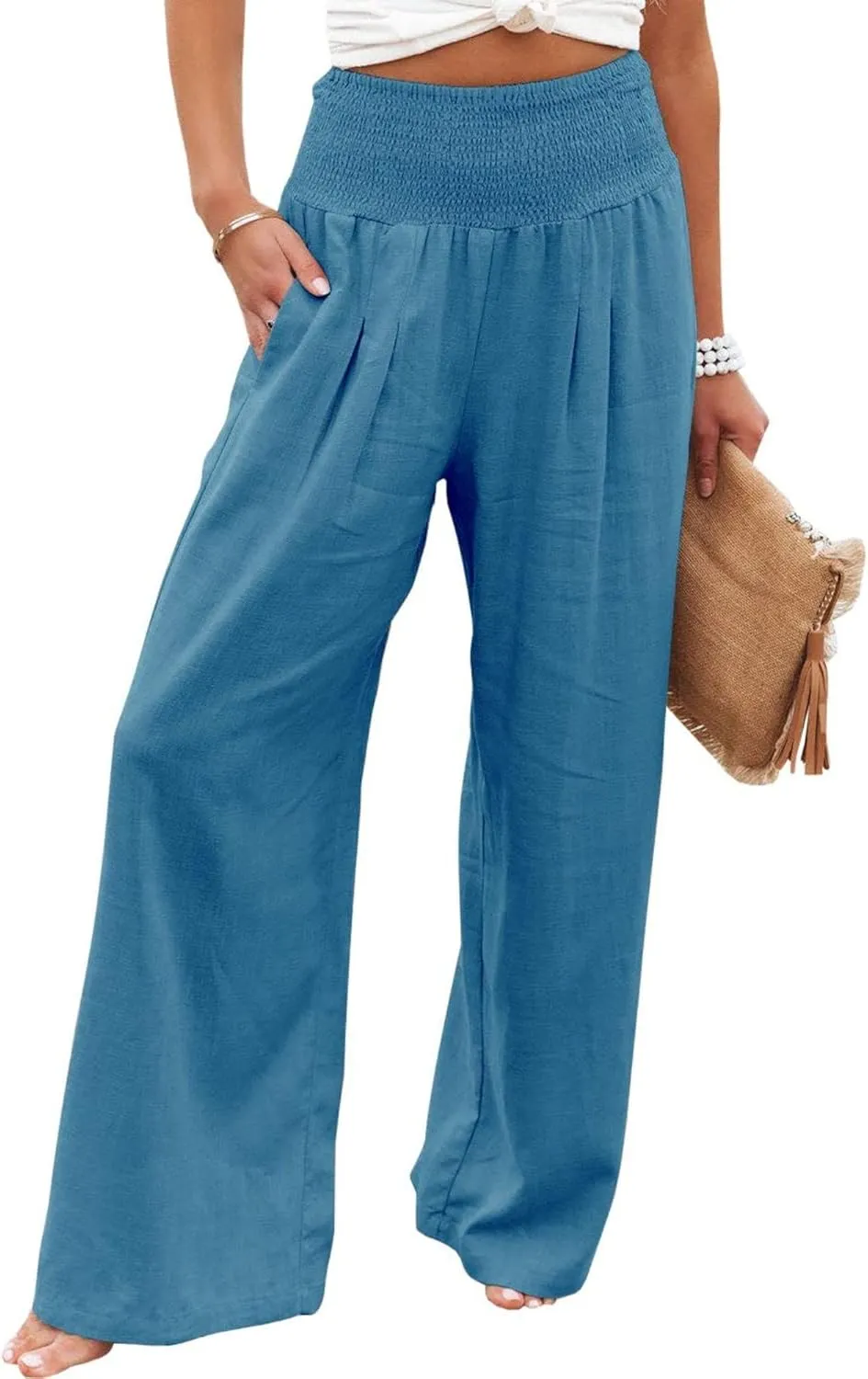 Canbebig Women's Cotton Linen Pants Elastic High Waist Loose Wide Leg Lounge Yoga Pants Tunic Waist Trousers with Pockets
