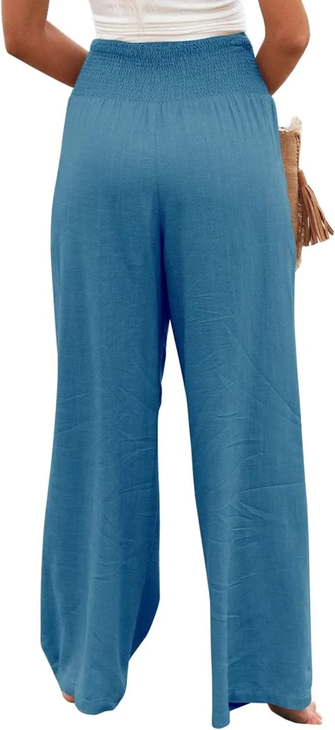 Canbebig Women's Cotton Linen Pants Elastic High Waist Loose Wide Leg Lounge Yoga Pants Tunic Waist Trousers with Pockets