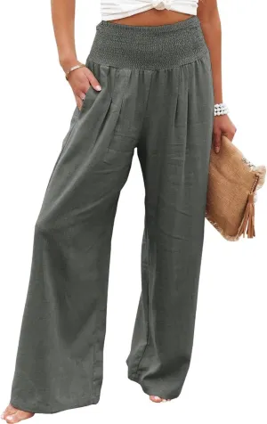 Canbebig Women's Cotton Linen Pants Elastic High Waist Loose Wide Leg Lounge Yoga Pants Tunic Waist Trousers with Pockets
