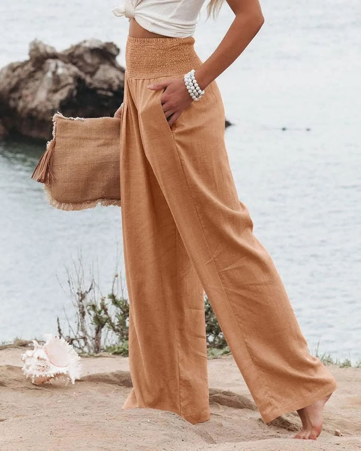 Canbebig Women's Cotton Linen Pants Elastic High Waist Loose Wide Leg Lounge Yoga Pants Tunic Waist Trousers with Pockets