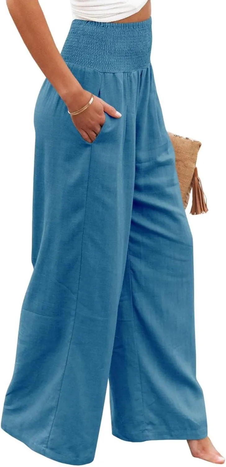 Canbebig Women's Cotton Linen Pants Elastic High Waist Loose Wide Leg Lounge Yoga Pants Tunic Waist Trousers with Pockets