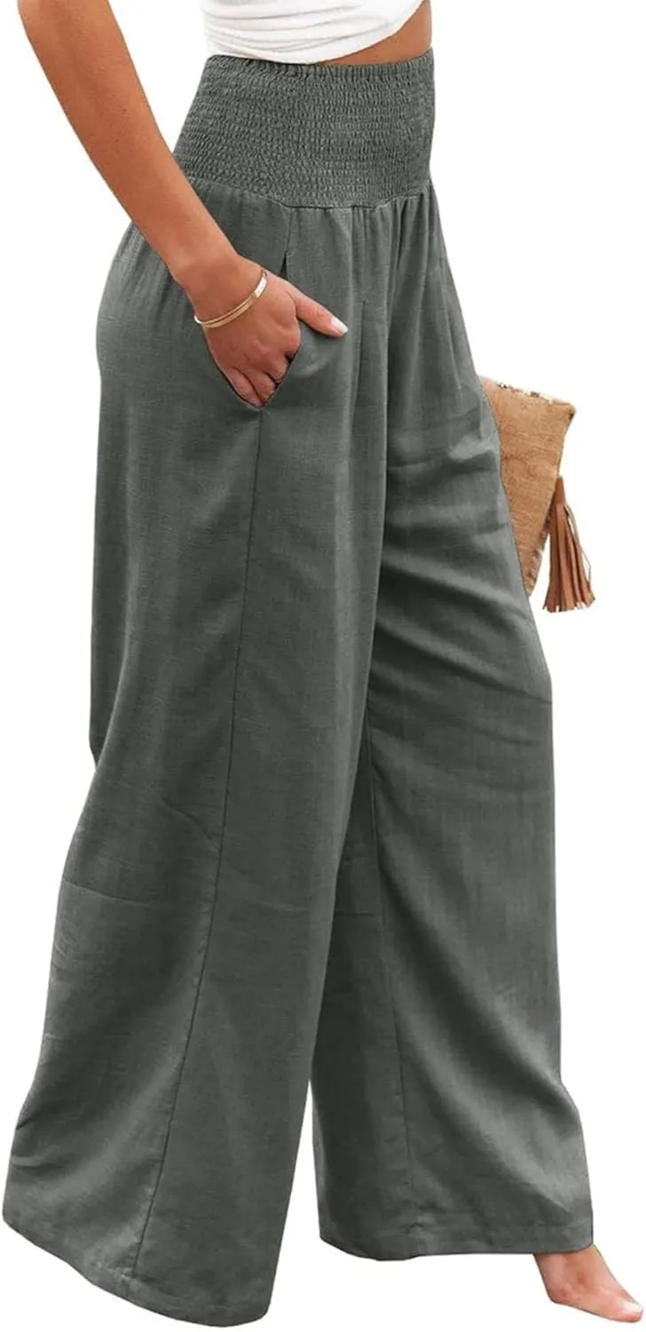 Canbebig Women's Cotton Linen Pants Elastic High Waist Loose Wide Leg Lounge Yoga Pants Tunic Waist Trousers with Pockets