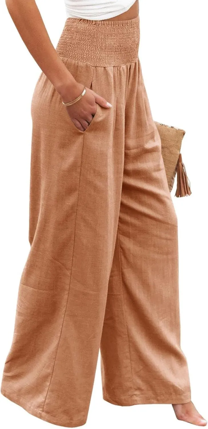 Canbebig Women's Cotton Linen Pants Elastic High Waist Loose Wide Leg Lounge Yoga Pants Tunic Waist Trousers with Pockets