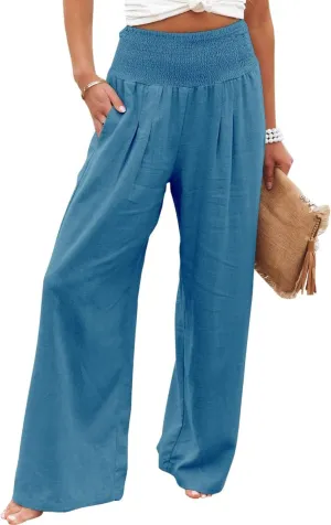 Canbebig Women's Cotton Linen Pants Elastic High Waist Loose Wide Leg Lounge Yoga Pants Tunic Waist Trousers with Pockets