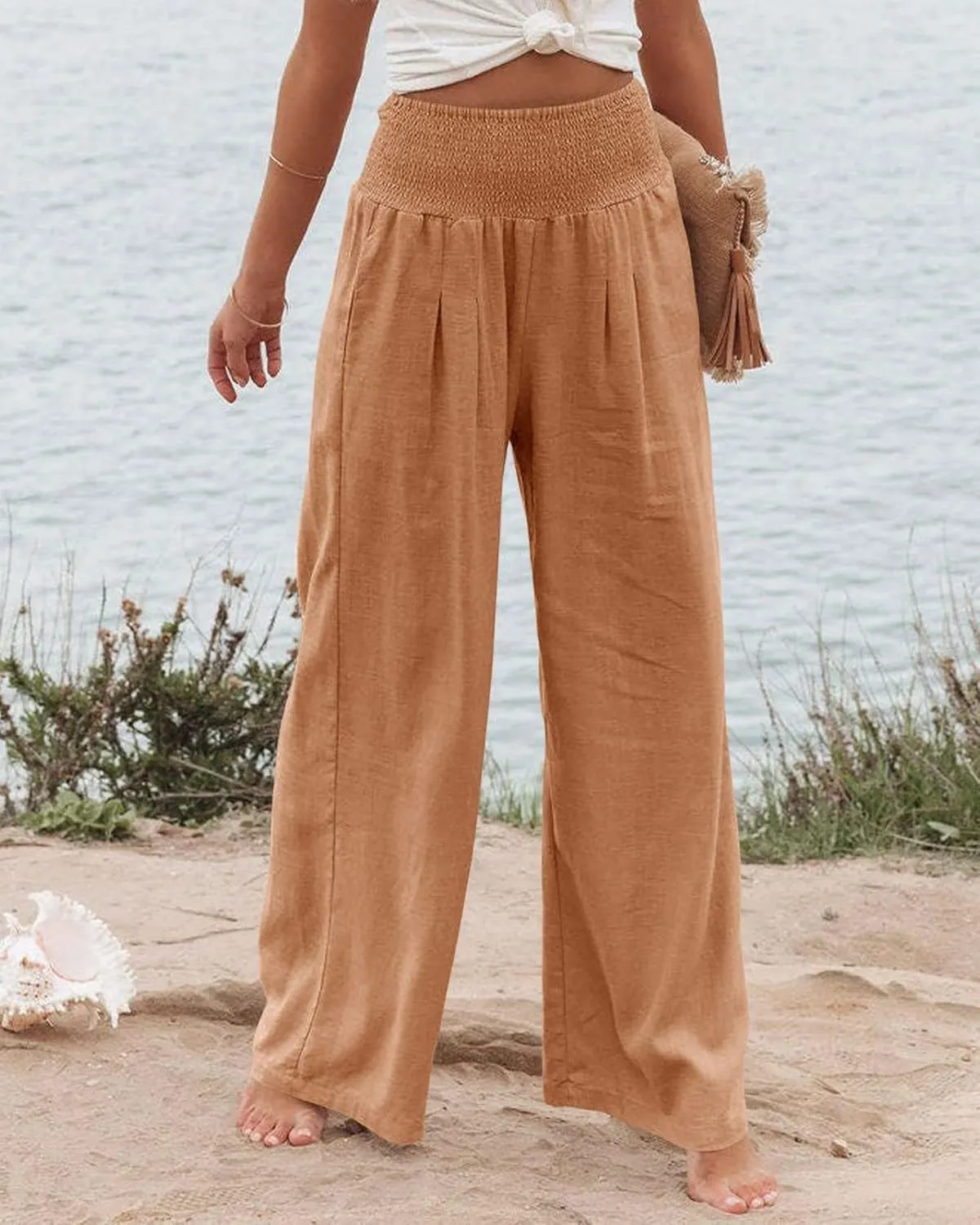 Canbebig Women's Cotton Linen Pants Elastic High Waist Loose Wide Leg Lounge Yoga Pants Tunic Waist Trousers with Pockets
