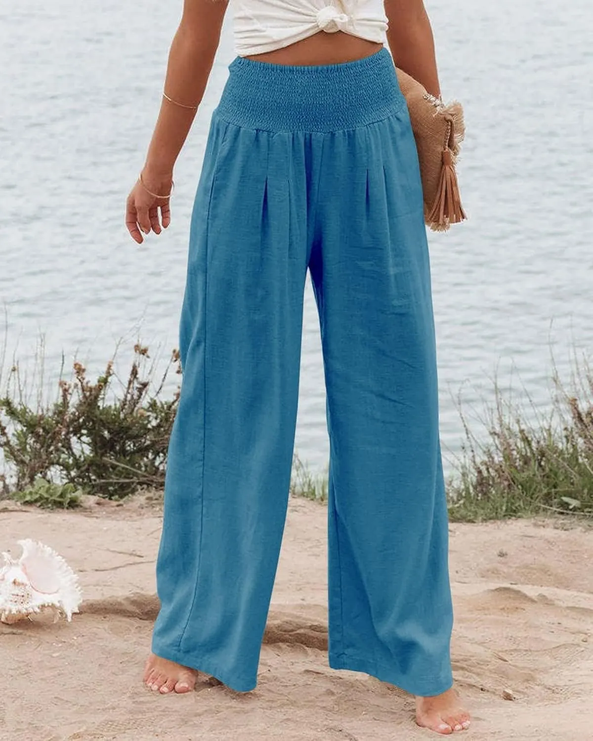 Canbebig Women's Cotton Linen Pants Elastic High Waist Loose Wide Leg Lounge Yoga Pants Tunic Waist Trousers with Pockets