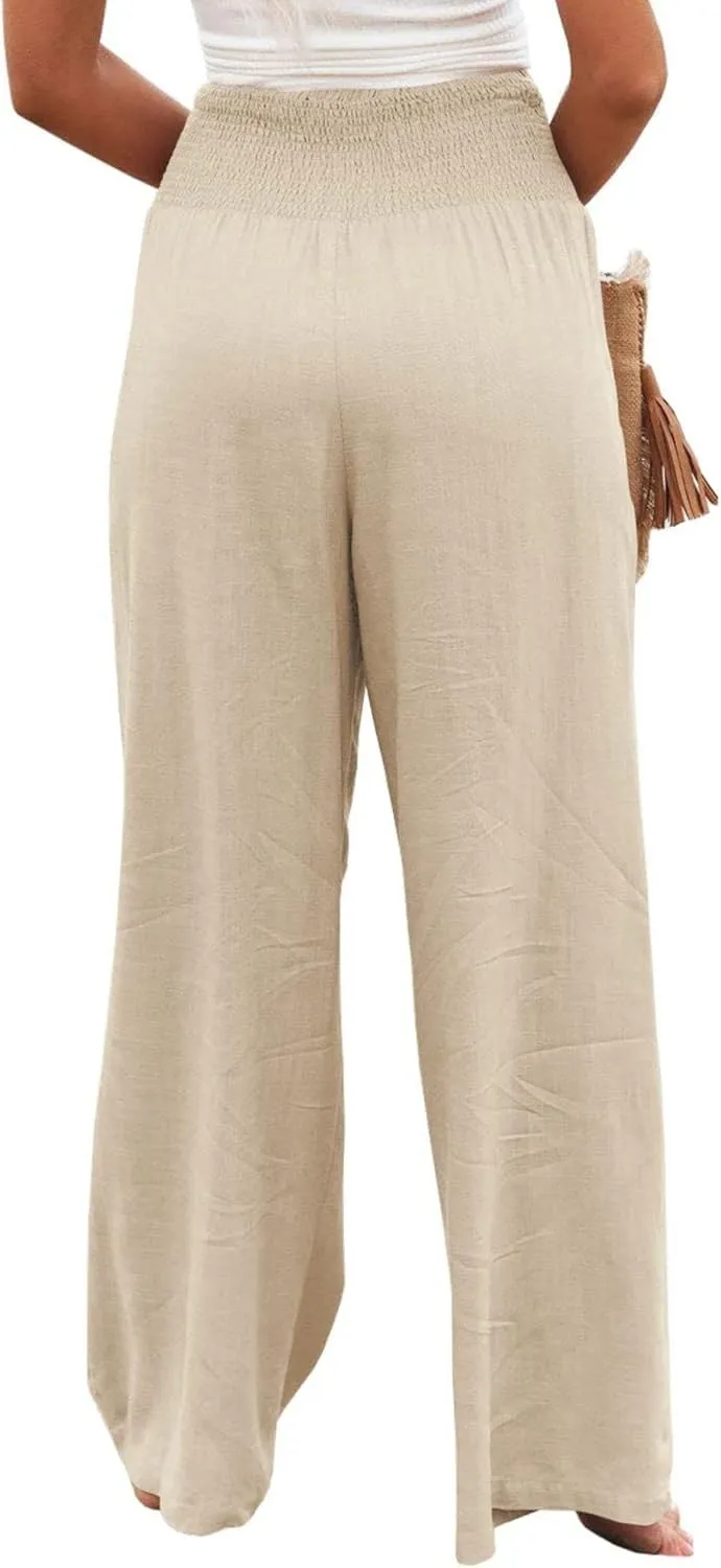 Canbebig Women's Cotton Linen Pants Elastic High Waist Loose Wide Leg Lounge Yoga Pants Tunic Waist Trousers with Pockets
