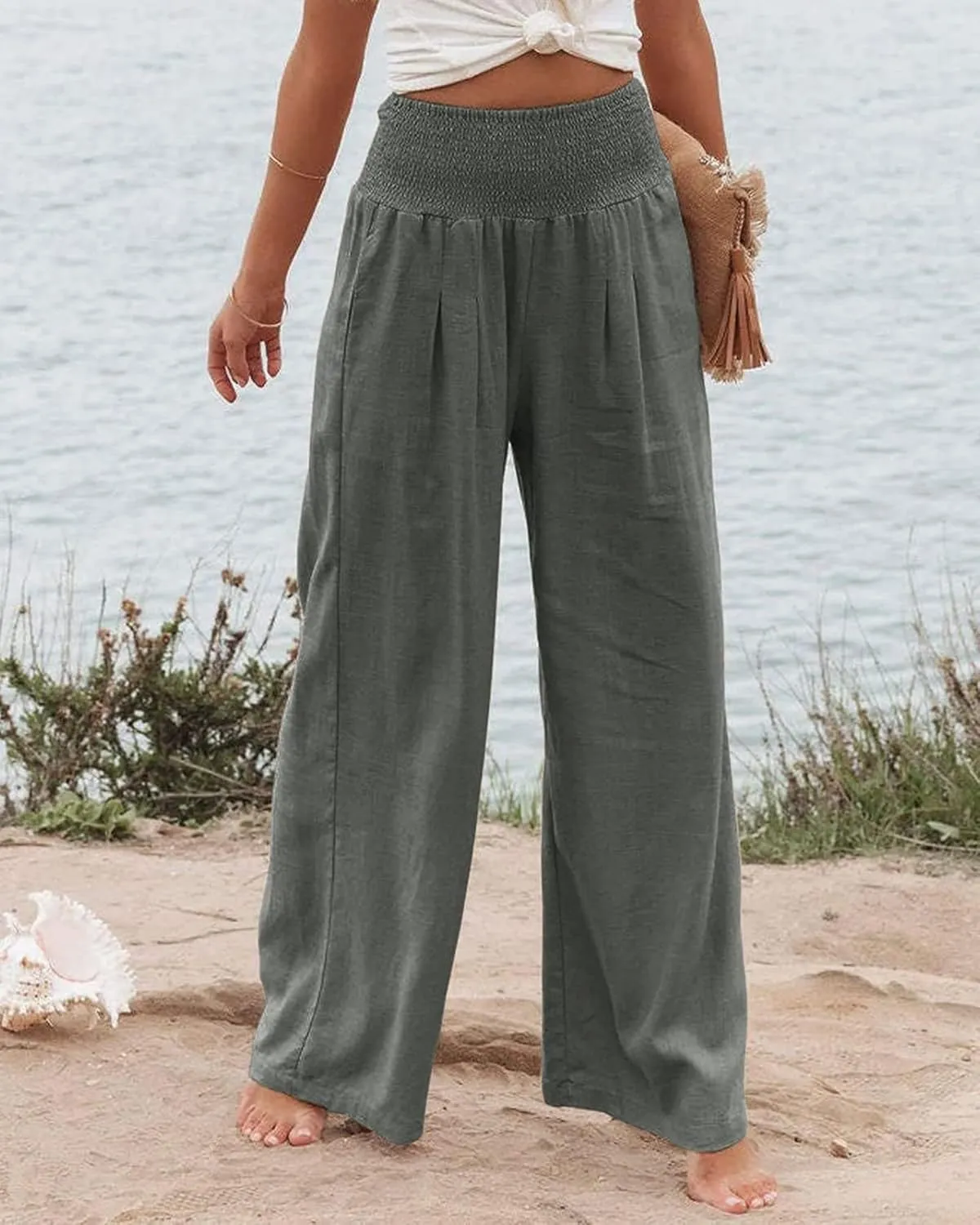 Canbebig Women's Cotton Linen Pants Elastic High Waist Loose Wide Leg Lounge Yoga Pants Tunic Waist Trousers with Pockets