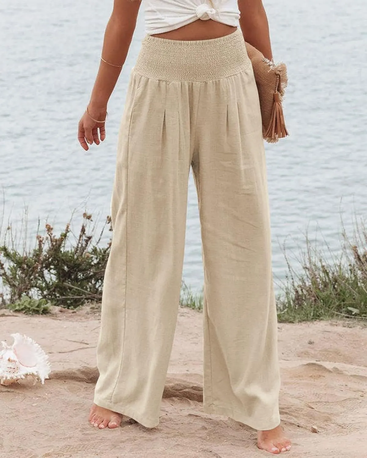 Canbebig Women's Cotton Linen Pants Elastic High Waist Loose Wide Leg Lounge Yoga Pants Tunic Waist Trousers with Pockets
