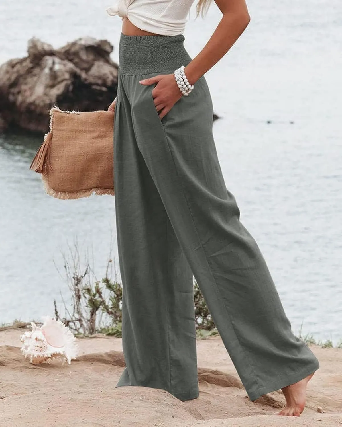 Canbebig Women's Cotton Linen Pants Elastic High Waist Loose Wide Leg Lounge Yoga Pants Tunic Waist Trousers with Pockets