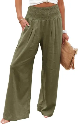 Canbebig Women's Cotton Linen Pants Elastic High Waist Loose Wide Leg Lounge Yoga Pants Tunic Waist Trousers with Pockets