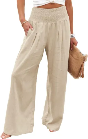 Canbebig Women's Cotton Linen Pants Elastic High Waist Loose Wide Leg Lounge Yoga Pants Tunic Waist Trousers with Pockets