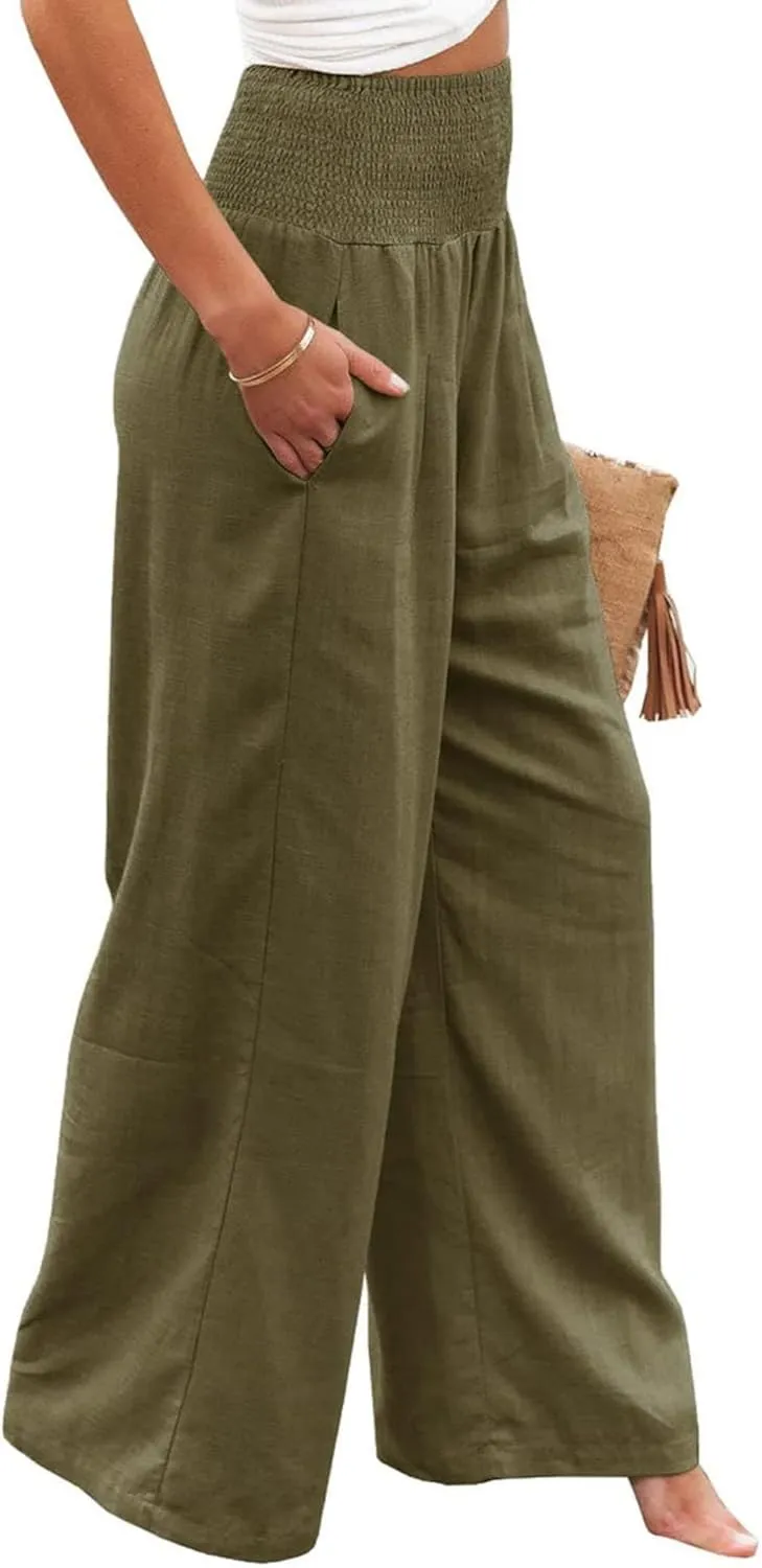 Canbebig Women's Cotton Linen Pants Elastic High Waist Loose Wide Leg Lounge Yoga Pants Tunic Waist Trousers with Pockets