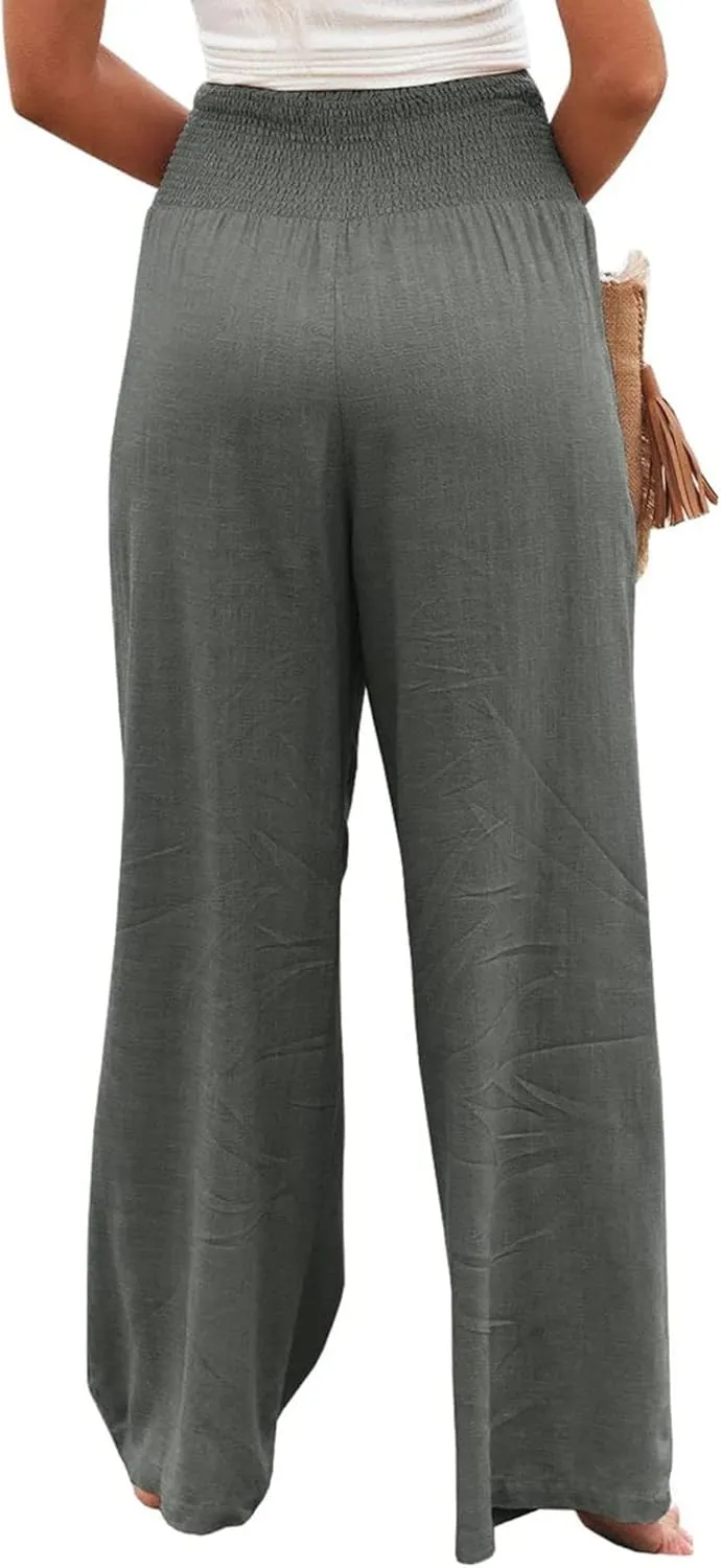 Canbebig Women's Cotton Linen Pants Elastic High Waist Loose Wide Leg Lounge Yoga Pants Tunic Waist Trousers with Pockets