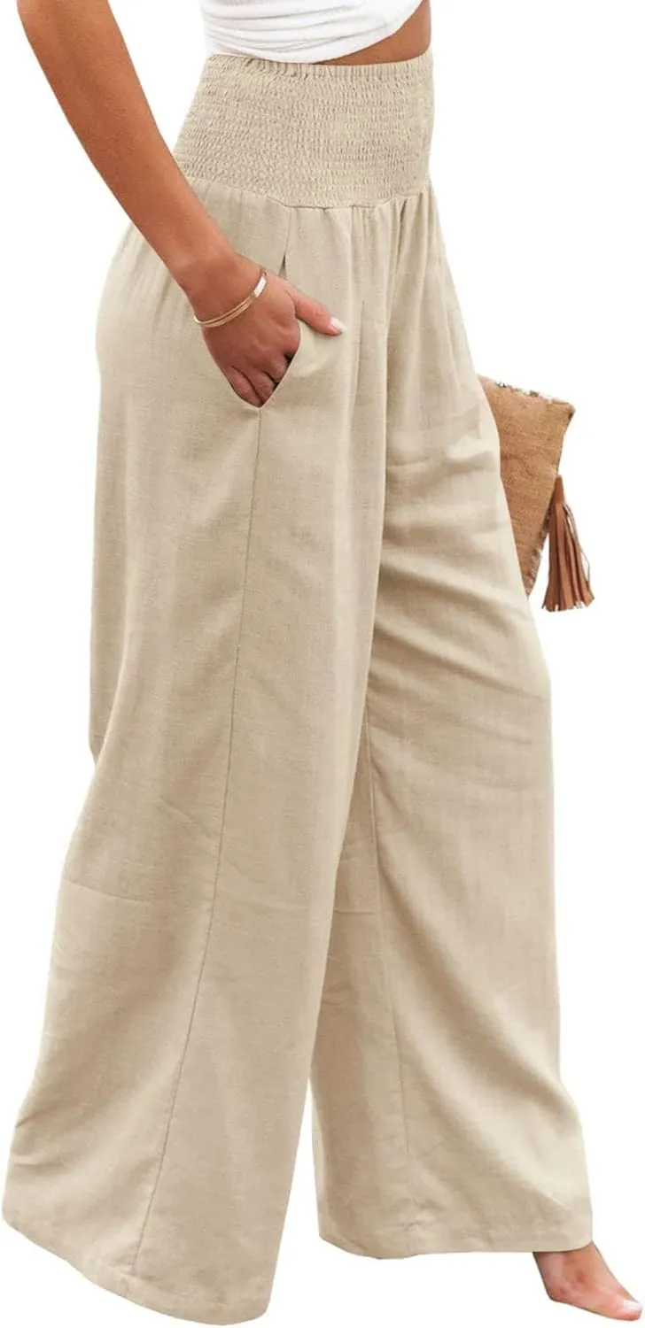 Canbebig Women's Cotton Linen Pants Elastic High Waist Loose Wide Leg Lounge Yoga Pants Tunic Waist Trousers with Pockets