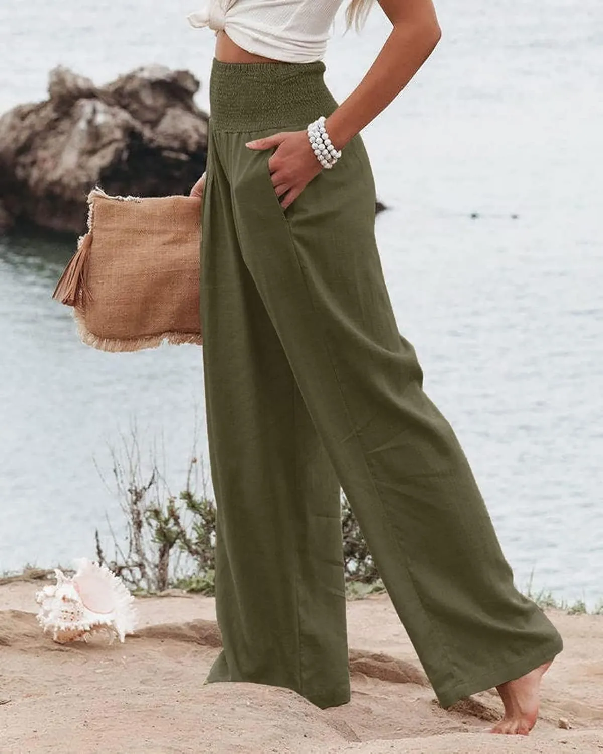 Canbebig Women's Cotton Linen Pants Elastic High Waist Loose Wide Leg Lounge Yoga Pants Tunic Waist Trousers with Pockets