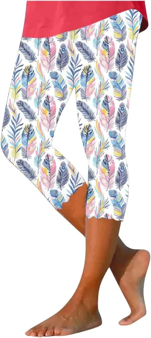 Capri Leggings for Women Floral Print High Waist Capris Tummy Control Knee Length Slim Fit Yoga Cropped Trousers