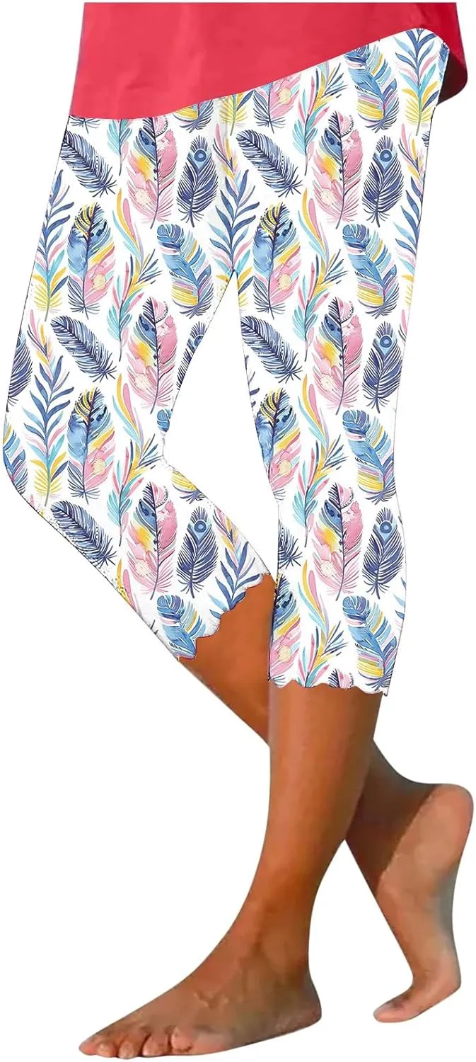 Capri Leggings for Women Floral Print High Waist Capris Tummy Control Knee Length Slim Fit Yoga Cropped Trousers