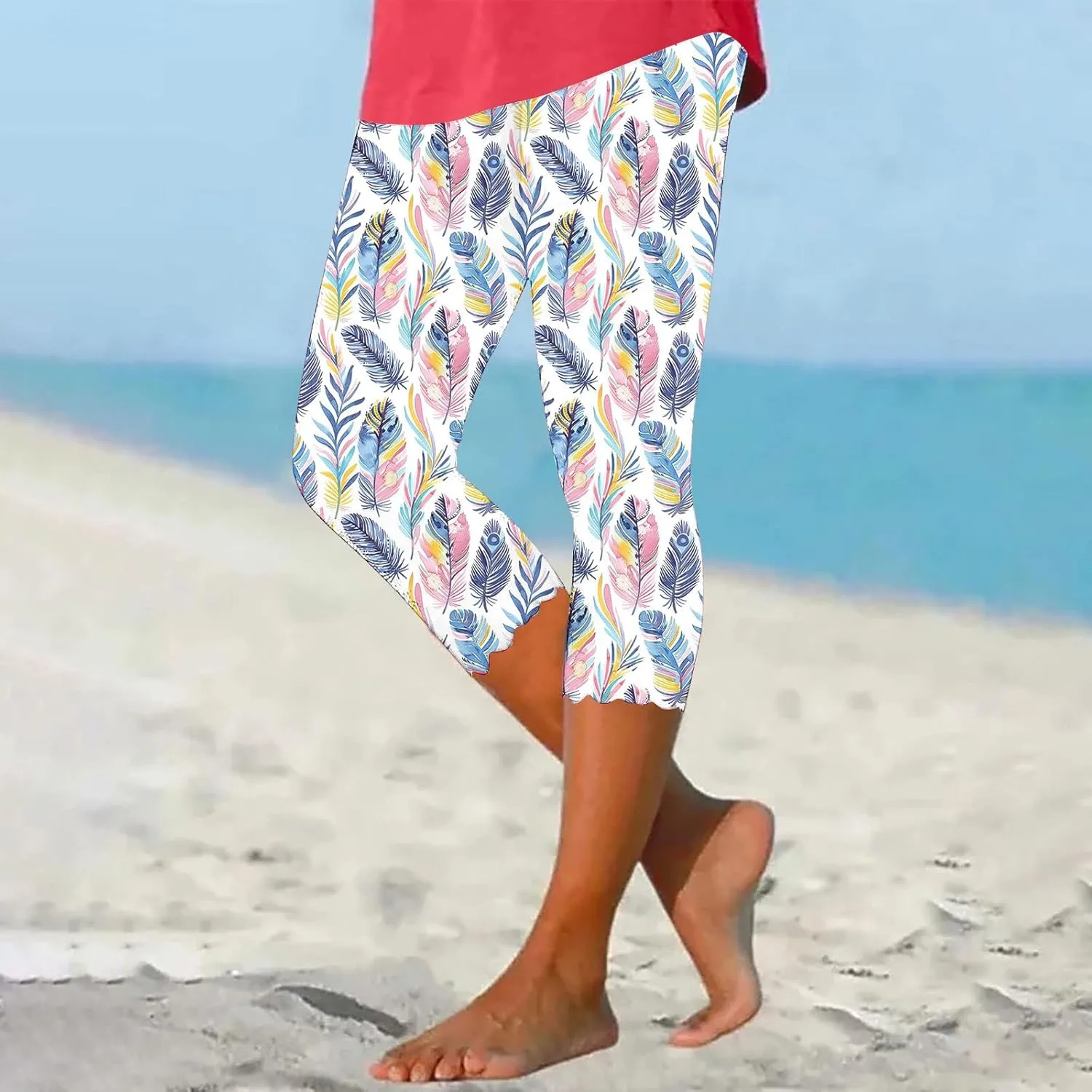 Capri Leggings for Women Floral Print High Waist Capris Tummy Control Knee Length Slim Fit Yoga Cropped Trousers