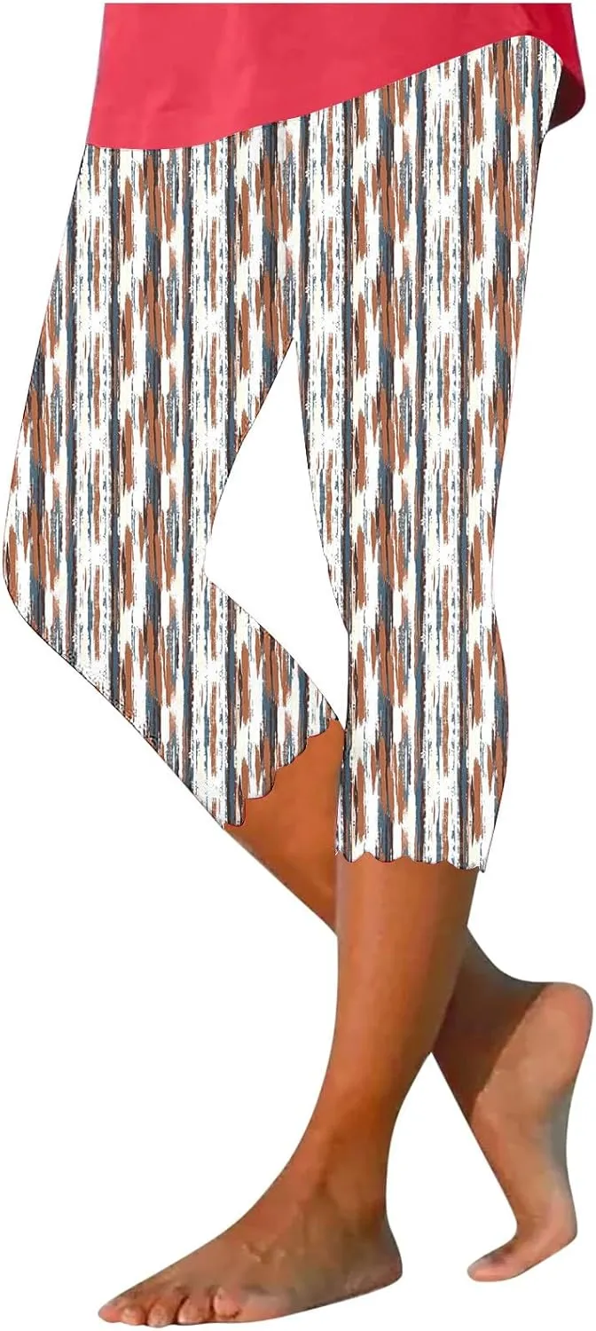 Capri Leggings for Women Plus Size Floral Print High Waist Capris Pants Wave Hem Yoga Gym Pants Casual Cropped Trouser