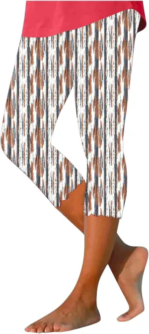 Capri Leggings for Women Plus Size Floral Print High Waist Capris Pants Wave Hem Yoga Gym Pants Casual Cropped Trouser