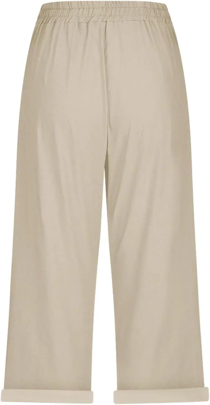 Capri Linen Pants for Women Summer Casual Lightweight Cropped Pant Plus Size Drawstring Trousers with Pockets